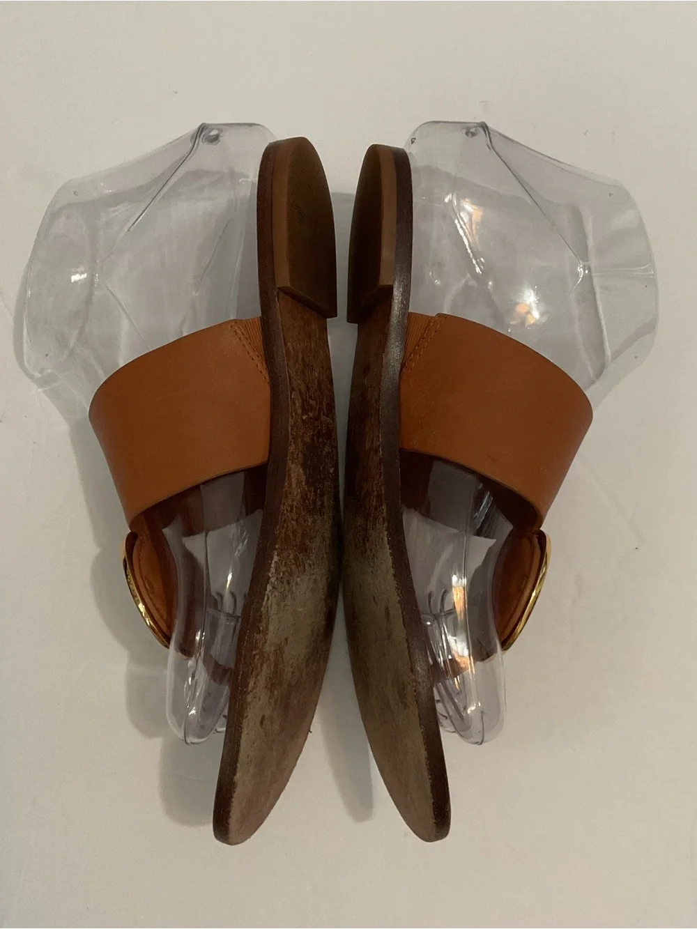 Tory Burch Patos Gold Disk Luxury Leather Top & Bottom Sandal Mou Cognac Brown 6
